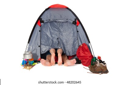 couple in tent at campground isolated over white