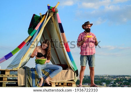 Couple in tent. Pair in love camping. Summer vacation