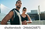 Couple, thinking and training time for performance in city, exercise or workout for race competition. Healthy man and woman with rest in urban town, watch and cardio fitness for outdoors running