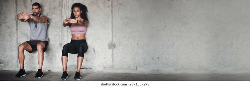 Couple, together and exercise for training on banner in mockup for health, wellness or gym. People, man and woman with wall sit for strength, endurance or power with vision, motivation and mindset - Powered by Shutterstock