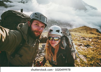 Couple Travel Selfie Man And Woman Hiking In Mountains Love And Adventure Lifestyle Wanderlust Concept