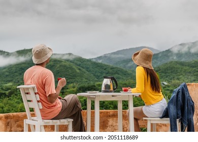 Couple Traveler Drink Coffee Joy Nature View Scenic Foggy Landscape Mountain, Attraction Famous Rural Family Tourist Travel Ratchaburi Thailand Holiday Vacation, Tourism Beautiful Destination Asia