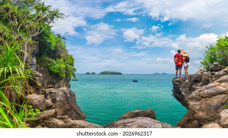 Couple Traveler On Beach Joy Nature Scenic Panorama View Landscape Island, Adventure Attraction Place Tourist Travel Thailand Summer Holiday Vacation Trip, Tourism Beautiful Destination Asia