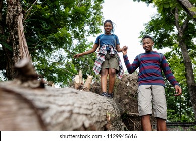 Couple trekking in a forest