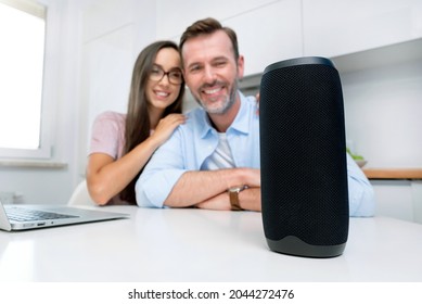 Couple Using Smart Speaker, Smart Home System Appliance, Modern Assistant