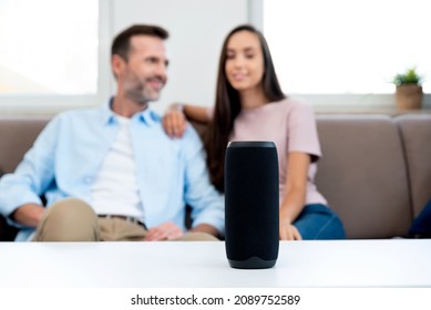 Couple Using Smart Speaker, Smart Home System Appliance, Modern Assistant