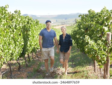 Couple, vineyard and agriculture for mature people, walk or wine production in winery. Grapes, plants and relax for proud man and female person or owner, Italy or countryside for eco friendly crops - Powered by Shutterstock
