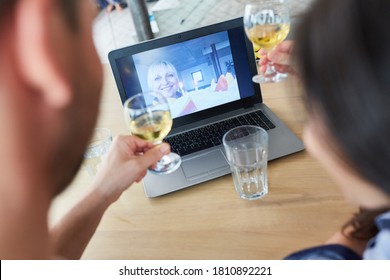 Couple Virtually Celebrates Birthday In Video Chat Online On Laptop Computer With Wine And Cake