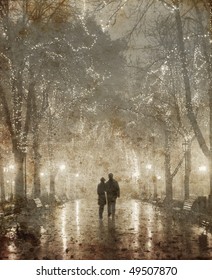 Couple Walking At Alley In Night Lights. Photo In Old Image Style.