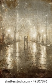 Couple Walking At Alley In Night Lights. Photo In Old Image Style.