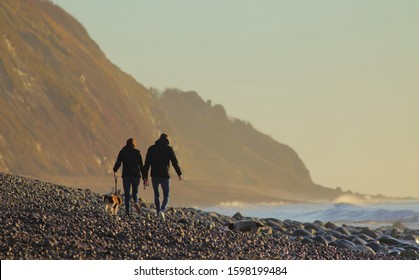 Couple walking dog on the pebble beach near town of Seaton, Devon - Powered by Shutterstock