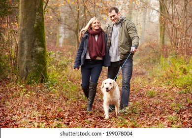 Couple Walking Dog Through Winter Woodland - Shutterstock ID 199078004