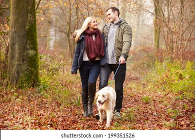 Couple Walking Dog Through Winter Woodland - Shutterstock ID 199351526