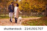 Couple Walking With Pet Golden Retriever Dog In Autumn Countryside