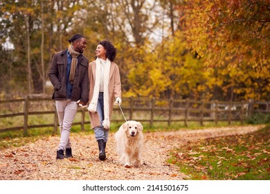 Couple Walking With Pet Golden Retriever Dog In Autumn Countryside - Powered by Shutterstock