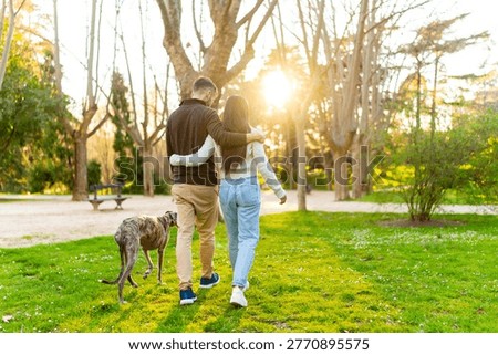 Couple walking through a park path with their brindle greyhound dog during a beautiful golden hour, embracing leisure and enjoying their time together outdoors