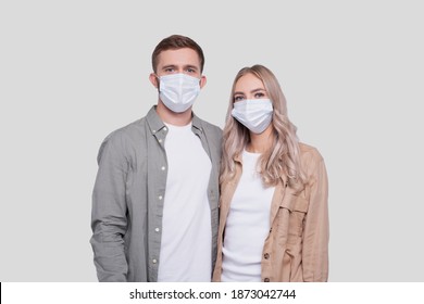 Couple Wearing Medical Mask Isolated. Man And Woman Hugging, Lovers, Friends, Couple, Virus Concept