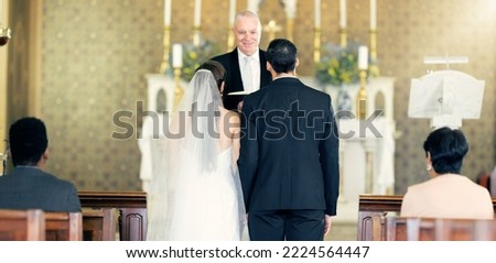Couple, wedding and priest with commitment, love and marriage ceremony in church service together. Man, woman and pastor with trust, celebration and christian marry event in a chapel or spiritual