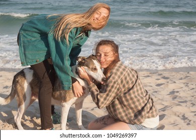couple of young beautiful girls play with dog on the sunny beach