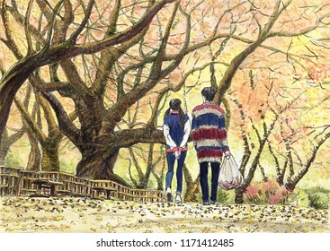 Couple young people walking in an old autumn park  Watercolor  ink painting