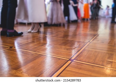 Couples Dance On The Historical Costumed Ball In Historical Dresses, Classical Ballroom Dancers Dancing, Waltz, Quadrille And Polonaise In Palace Interiors On A Wooden Floor, Charity Event
