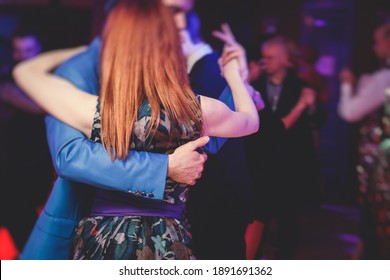 Couples Dancing Traditional Latin Argentinian Dance Milonga In The Ballroom, Tango Salsa Bachata Kizomba Lesson In The Red Lights, Dance Festival 