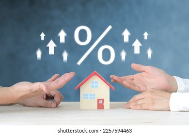 couple's hands and house object with percentage sign and upwards arrows - Shutterstock ID 2257594463