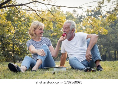 Couples senior give apples to each other together happily in the park. Concept of an elderly lover. Senior give apple to each other with smiling faces and happy.