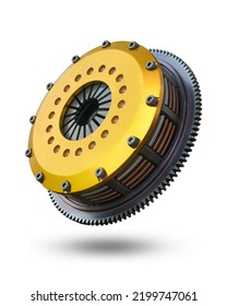 Coupling Clutch Transmission Engineering Power Torque And Sprockets Gear Starter Plate Isolated On Gray Background. This Has Clipping Path. 