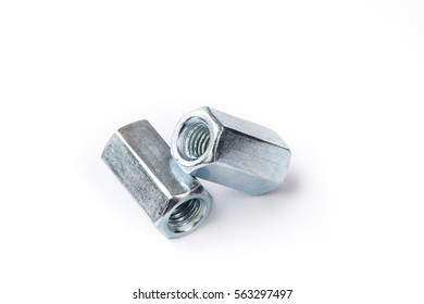 Coupling Nut Pair For ISO Metric Screw. Close-up On White Background