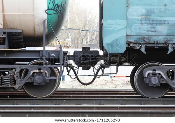 coupling of railway cars on the railway,\
close-up.Railway car