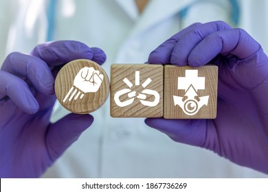 Courage Medical Concept. Doctor Nurse Brave Professional Work. Doctor Hold Wooden Blocks With Flying Fist Icon.