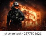 A courageous firefighter in protective gear and oxygen mask stands surrounded by flames and sparks in front of a burning building