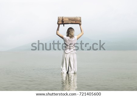 courageous woman walks towards the infinite in the sea