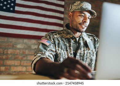 Courageous Young Soldier Video Calling His Family From The Military Base. Patriotic American Serviceman Communicating With His Loved Ones While Serving His Country In The Army.