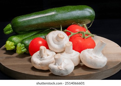 Courgettes mushrooms and Tomatoes piled on a wooden board - Powered by Shutterstock