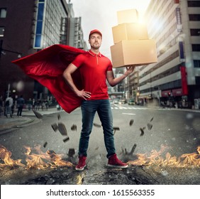 Courier acts like a powerful superhero in a city with skyscrapers. Concept of success and guarantee on shipment
