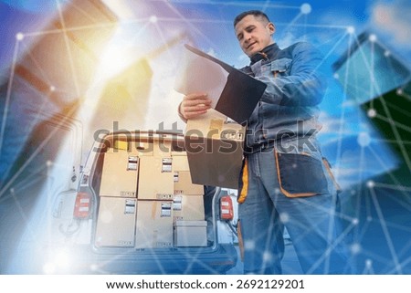 Courier checking delivery documents and packages near van full of parcels, concept of shipping, logistics and last mile delivery. Logistics, Delivery.
