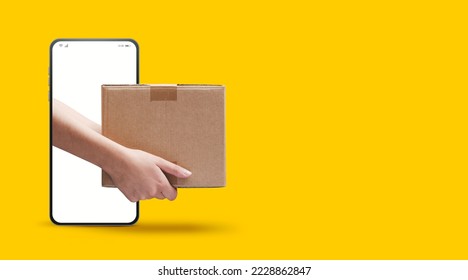 Courier delivering a box on smartphone screen, online express courier delivery service concept, blank copy space - Powered by Shutterstock