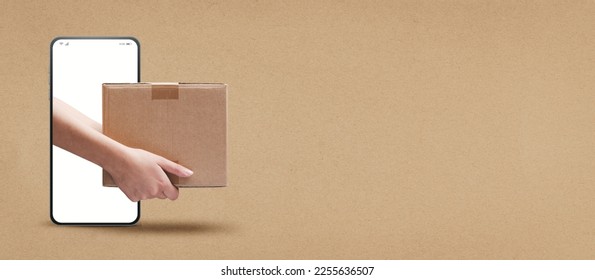Courier delivering a box on smartphone screen, online express courier delivery service concept, blank copy space