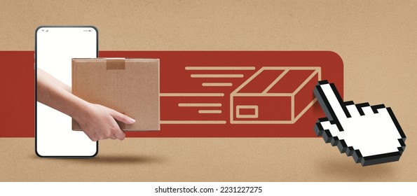 Courier delivering a parcel on smartphone screen and hand cursor clicking: online fast delivery service concept - Powered by Shutterstock