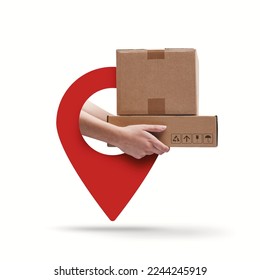 Courier delivering parcels in a GPS pin: express delivery and delivery tracking service, blank copy space