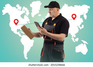 Courier delivery. Courier on background of world map. Delivery man with box. International courier delivery. Sending goods from one country to another. Concept is an international logistic service.