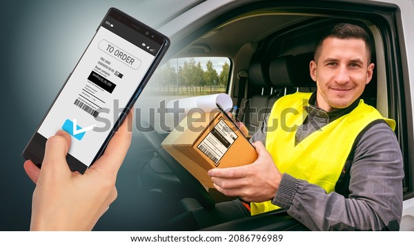 Courier\
driving car. Delivery man smiles and looks at camera. Apps with\
info about ordering on phone. Smartphone with courier app. Delivery\
service career concept. Work in courier\
company
