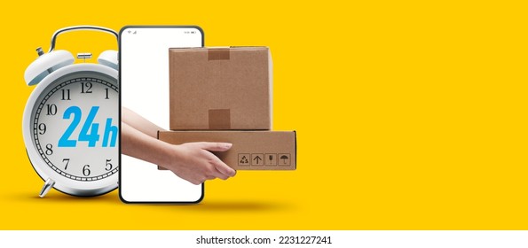 Courier hands delivering parcels in a smartphone screen and alarm clock: 24h delivery service and mobile app banner with copy space - Powered by Shutterstock