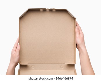 Courier Hands Holding Empty Pizza Box For Delivery, Top View, White Background