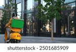 Courier man carry package moped. Guy ride scooter city street deliver box. Green backpack mock up. Fast food delivery service. Person drive bike thermal store bag. Express home order. Rush rider hurry