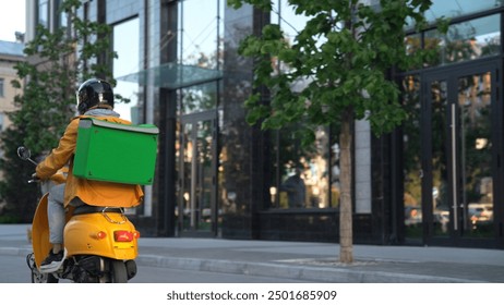 Courier man carry package moped. Guy ride scooter city street deliver box. Green backpack mock up. Fast food delivery service. Person drive bike thermal store bag. Express home order. Rush rider hurry - Powered by Shutterstock