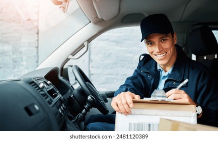 Courier, man and portrait in van with checklist for address verification, shipping records and order tracking. Male employee, clipboard and dispatch details for delivery schedule and confirmation. - Powered by Shutterstock