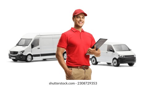 Courier with a transport van holding documents and smiling isolated on white background - Powered by Shutterstock